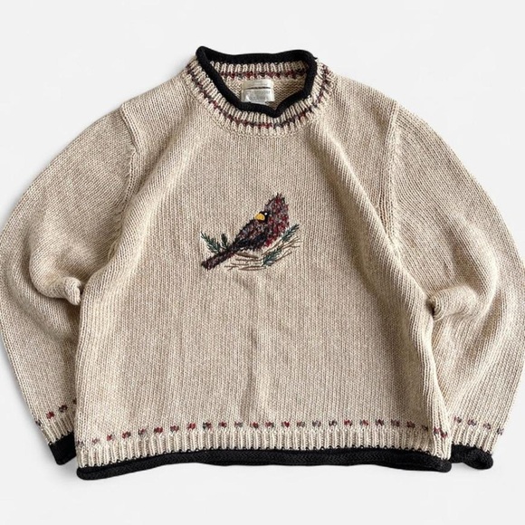 Vintage Christopher & Banks Tan Cream Knit Hand Embroidered Red Bird Sweater - Picture 1 of 7